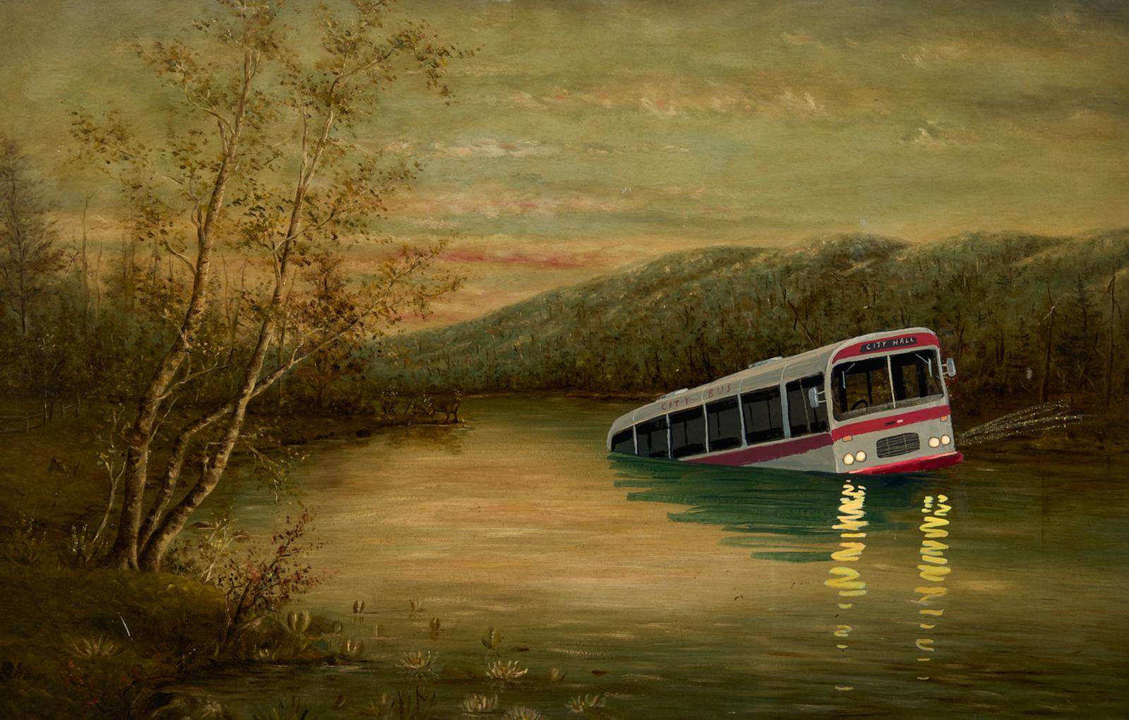 bus sinking in a swampy lake/river
