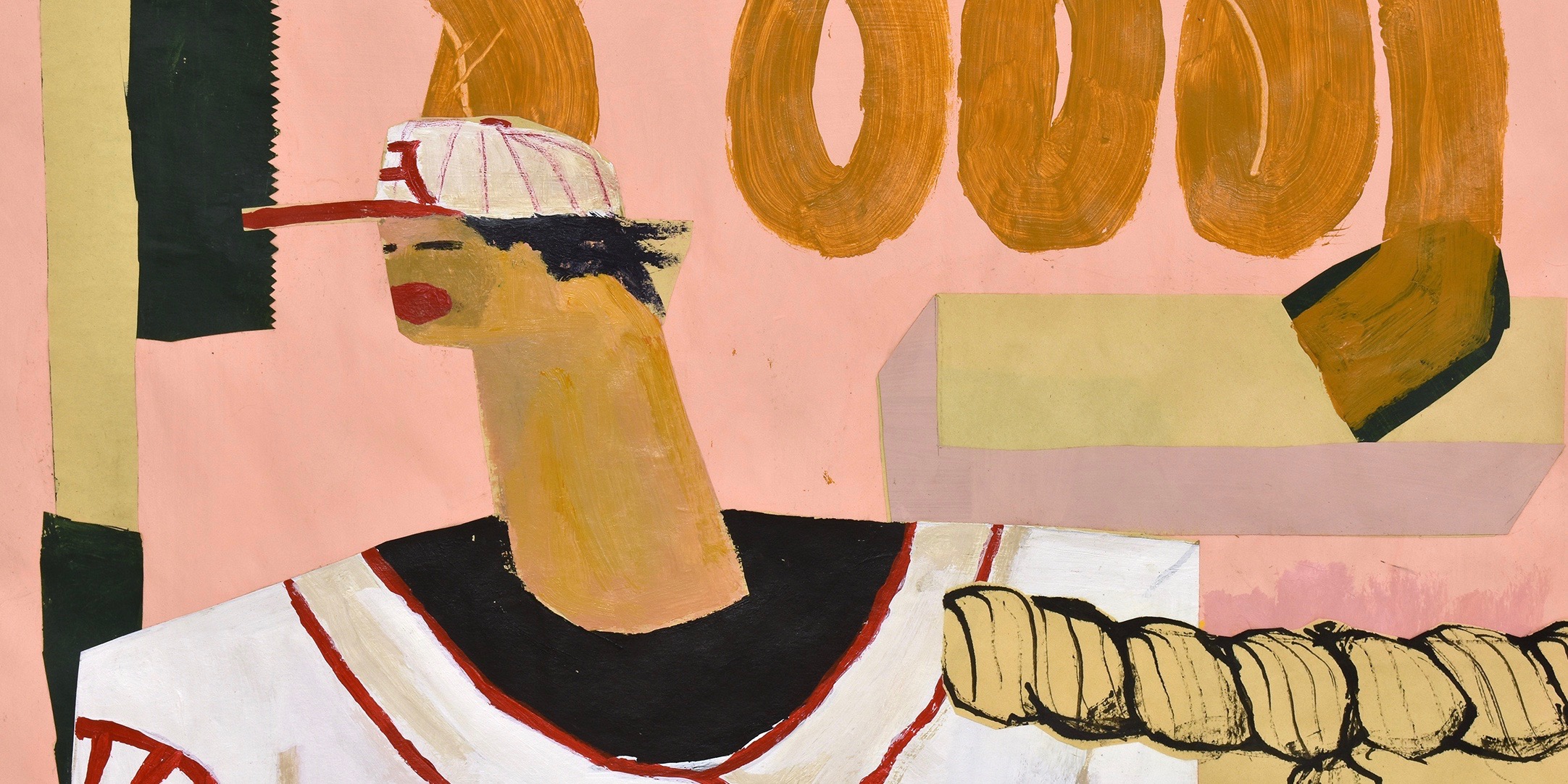 painting of baseball player - peachy background