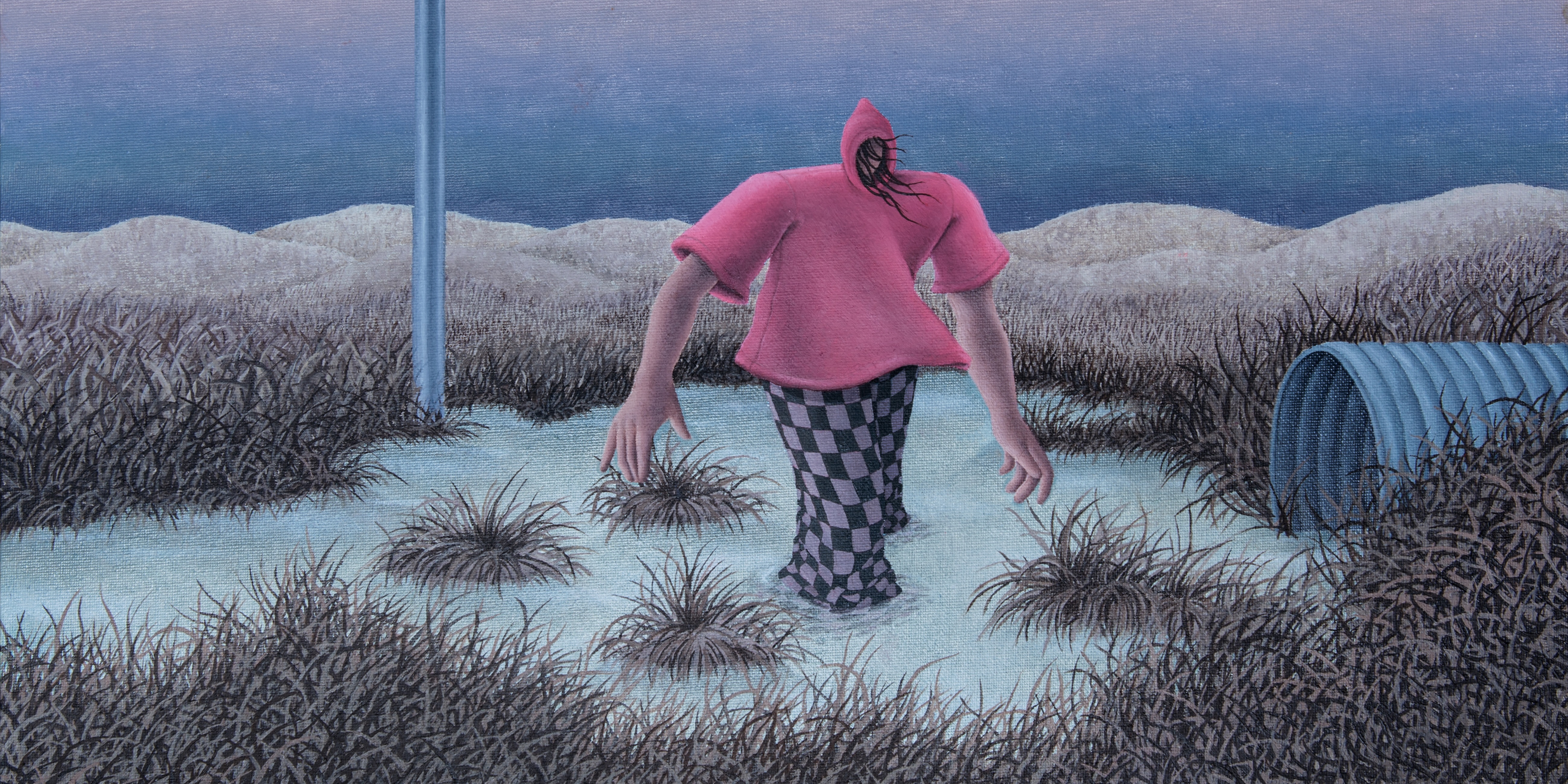 drawing of distorted figure in a swamp with a pink hoodie and check trousers.