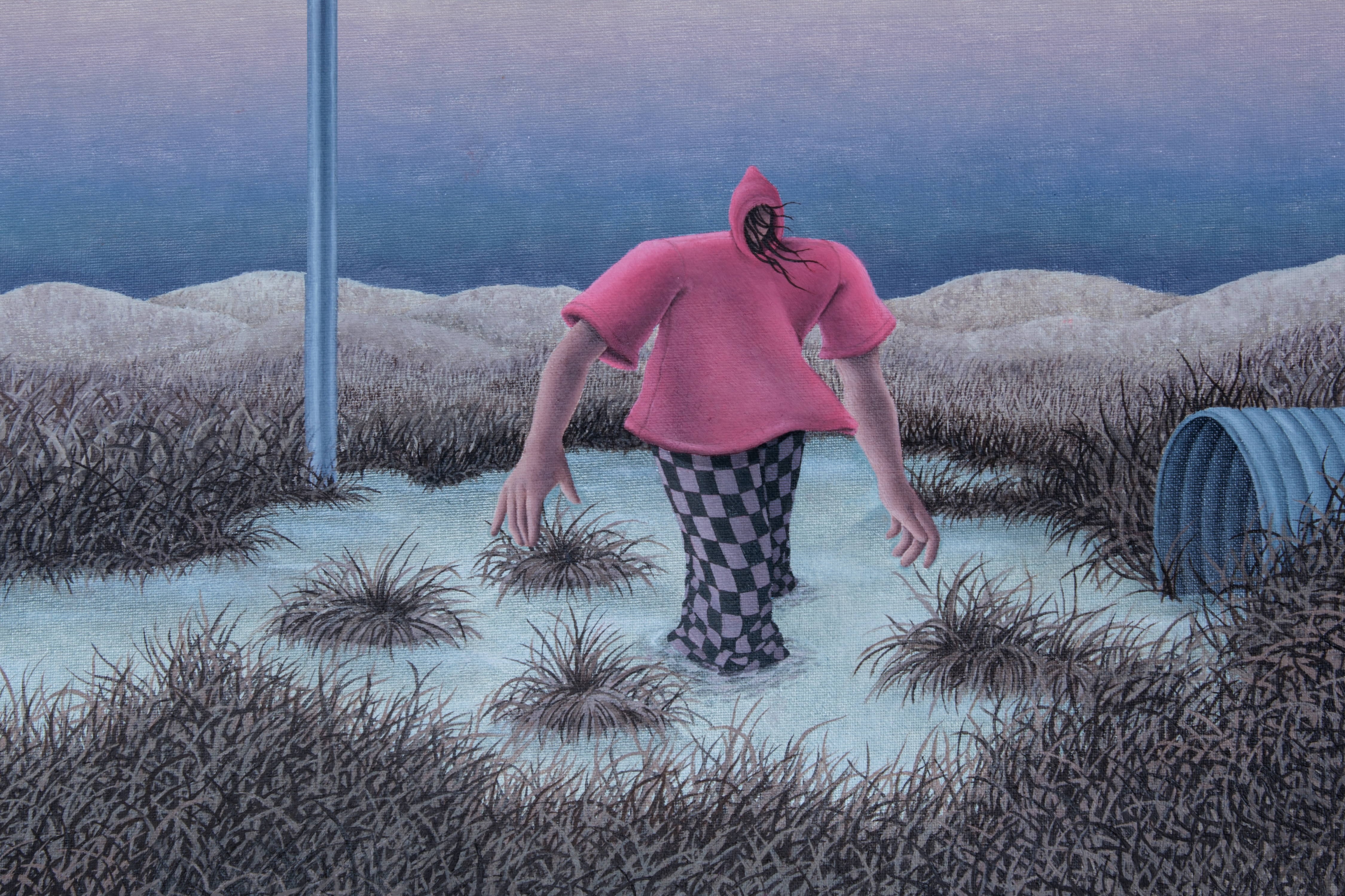 Photo - I KNOW I’VE BEEN A STRANGER LATELY (drawing of distorted figure in a swamp with a pink hoodie and check trousers.)